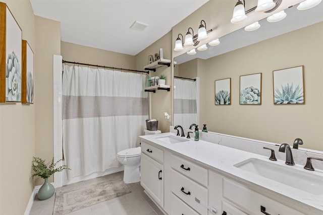 full bathroom with tile patterned flooring, vanity, shower / tub combo with curtain, and toilet