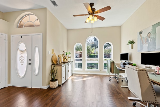 office area featuring dark wood-type flooring and ceiling fan