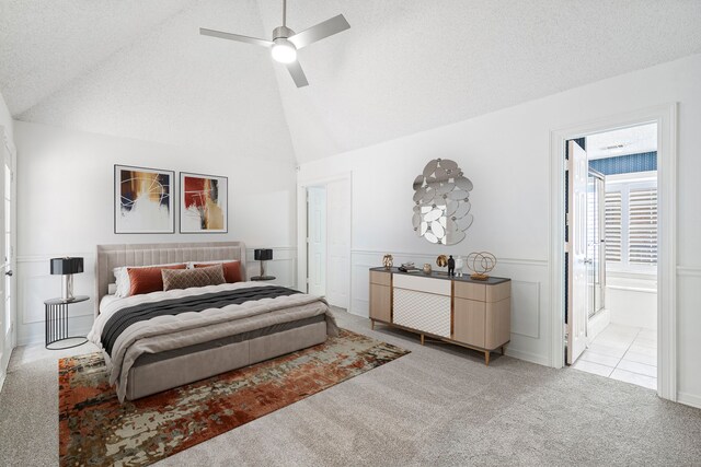 carpeted bedroom featuring high vaulted ceiling, ceiling fan, a textured ceiling, and connected bathroom