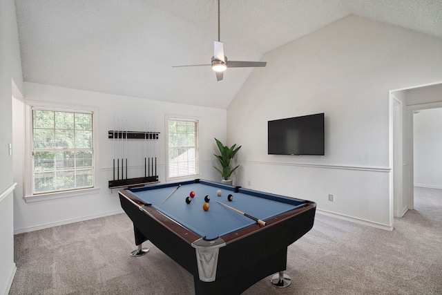 playroom with light carpet, a wealth of natural light, and billiards