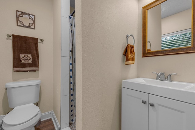 628 Annarose Dr, Dallas, TX 75232 - bathroom with toilet, vanity, wood finished floors, a shower with shower curtain, and a textured wall