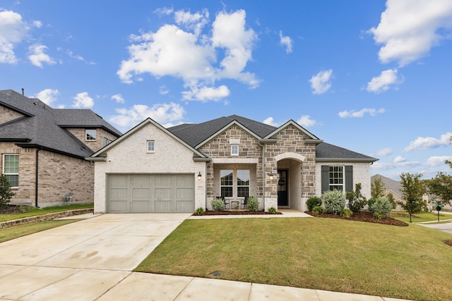 french provincial home with a front lawn and a garage