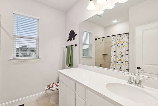 bathroom featuring tile patterned floors, plenty of natural light, curtained shower, and toilet