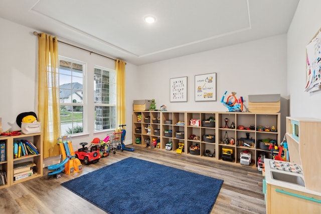 game room with hardwood / wood-style floors