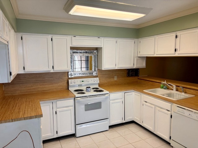 kitchen with white cabinetry, white appliances, sink, and backsplash