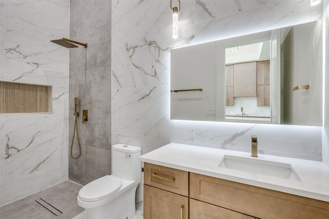 bathroom with toilet, tile walls, decorative backsplash, a tile shower, and vanity