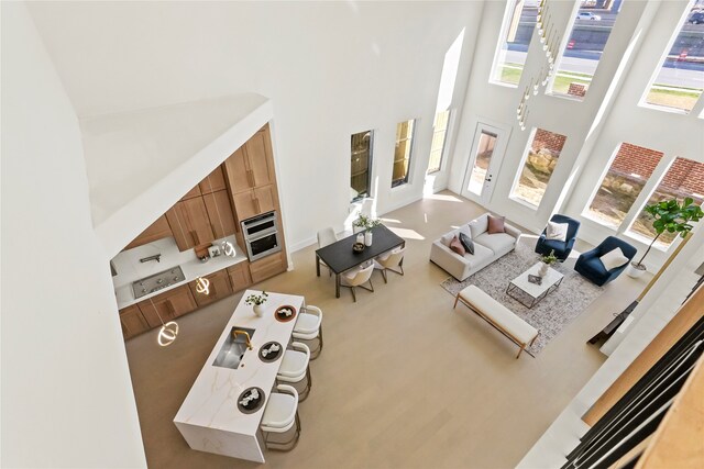 living room featuring a towering ceiling, a healthy amount of sunlight, and carpet flooring