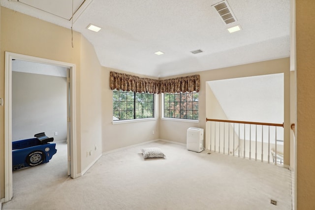 empty room with carpet, lofted ceiling, and a textured ceiling