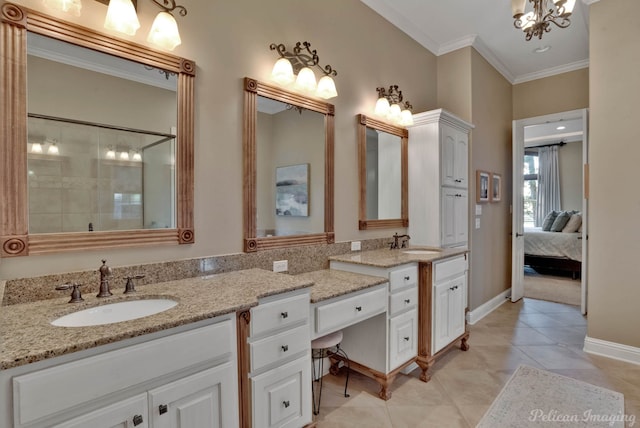 bathroom with vanity, tile patterned floors, crown molding, and a shower with shower door