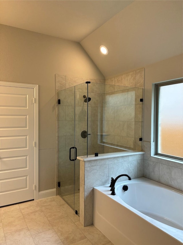 314 Mercer Dr, Josephine, TX 75173 - full bathroom featuring a garden tub, a shower stall, lofted ceiling, and recessed lighting