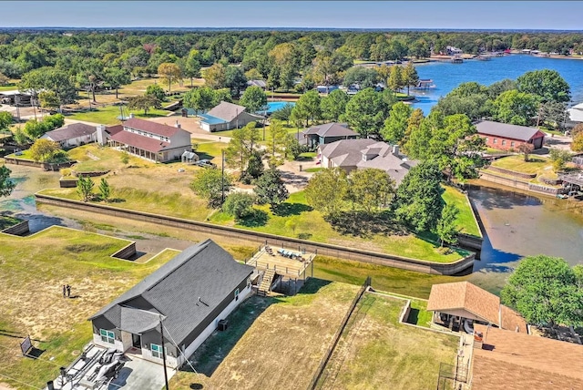 drone / aerial view featuring a water view