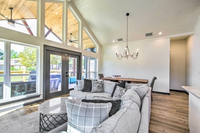 living room featuring french doors, wood-type flooring, high vaulted ceiling, and wood ceiling