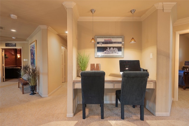 carpeted home office with crown molding