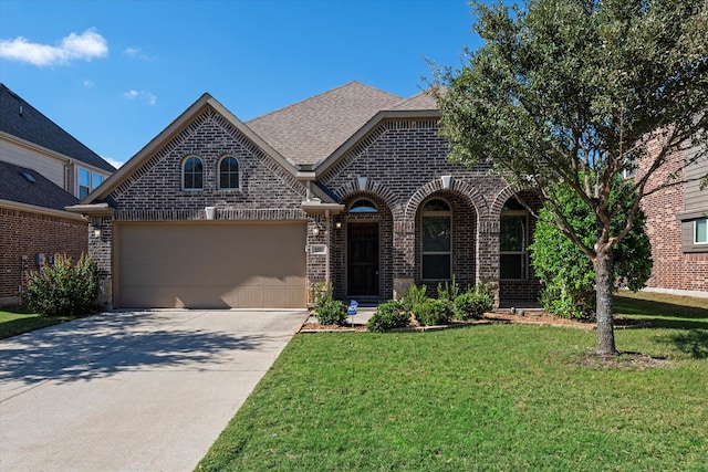 view of front of property featuring a garage and a front lawn