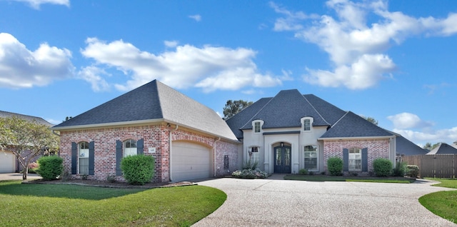 french country home featuring a front yard and a garage