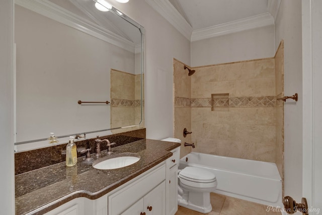 full bathroom with tile patterned floors, crown molding, toilet, vanity, and tiled shower / bath