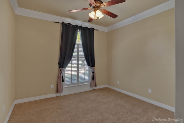 spare room with light carpet, crown molding, and ceiling fan