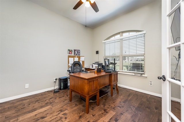 office area featuring ceiling fan and dark hardwood / wood-style flooring