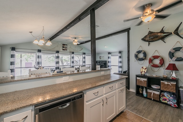 kitchen featuring white cabinetry, light stone counters, vaulted ceiling with beams, dishwasher, and dark hardwood / wood-style flooring