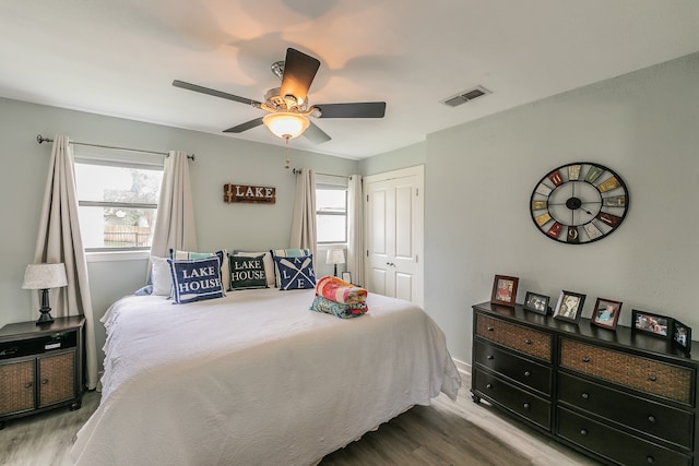 bedroom featuring a closet, light wood-type flooring, multiple windows, and ceiling fan