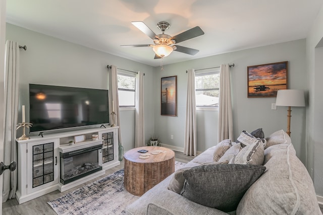 living room featuring ceiling fan, plenty of natural light, and light wood-type flooring