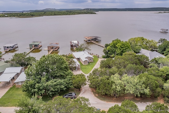 drone / aerial view with a water view