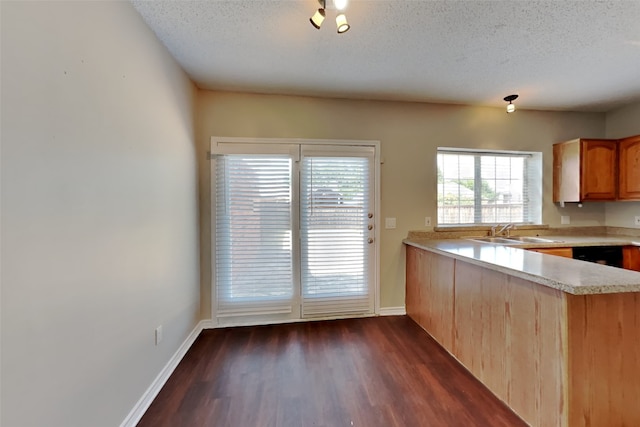 kitchen with kitchen peninsula, a textured ceiling, sink, and dark hardwood / wood-style flooring