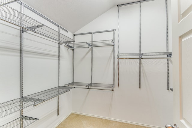 spacious closet featuring light carpet and lofted ceiling