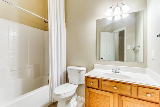 full bathroom featuring shower / bath combination with curtain, vanity, toilet, and tile patterned floors