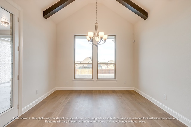 unfurnished dining area with a chandelier, vaulted ceiling with beams, light wood-style flooring, and baseboards