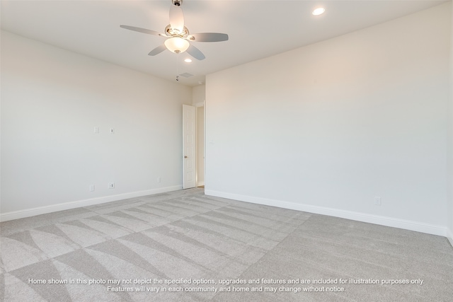 spare room with recessed lighting, visible vents, ceiling fan, and baseboards