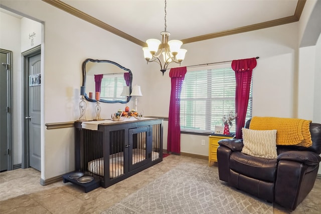 sitting room with crown molding and an inviting chandelier