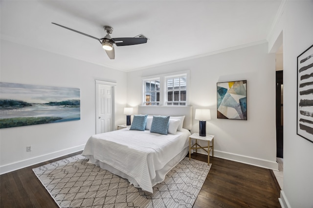 bedroom with ornamental molding, ceiling fan, and dark hardwood / wood-style floors