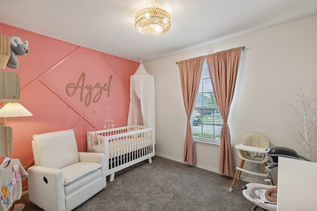 carpeted bedroom with a crib