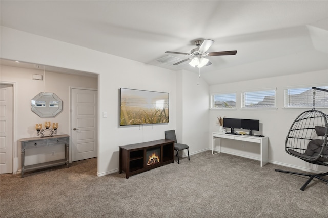 home office featuring ceiling fan and carpet flooring