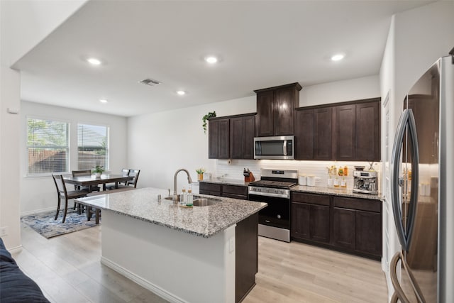 kitchen featuring a kitchen island with sink, stainless steel appliances, sink, and light hardwood / wood-style flooring