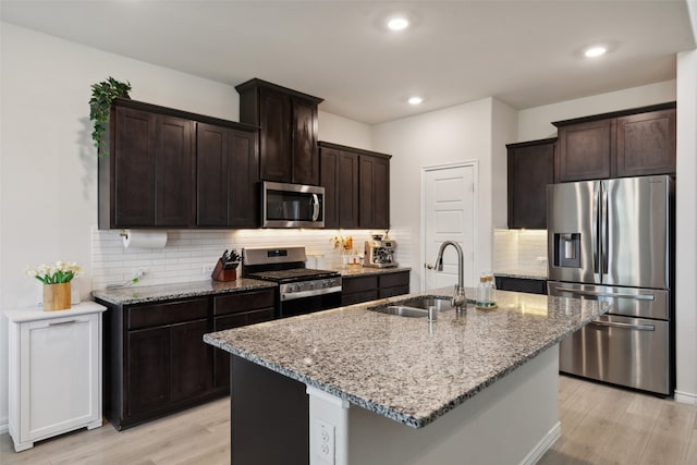 kitchen with light hardwood / wood-style flooring, backsplash, sink, and stainless steel appliances