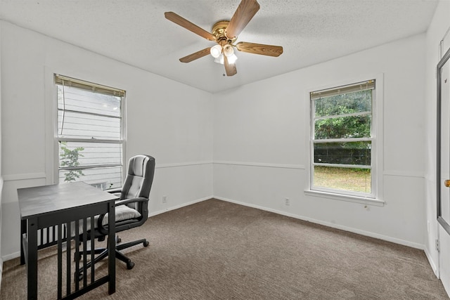 carpeted home office featuring ceiling fan and a textured ceiling