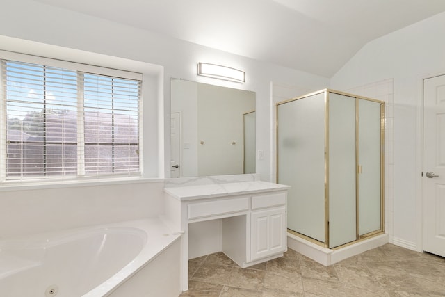 bathroom with vanity, plus walk in shower, and lofted ceiling