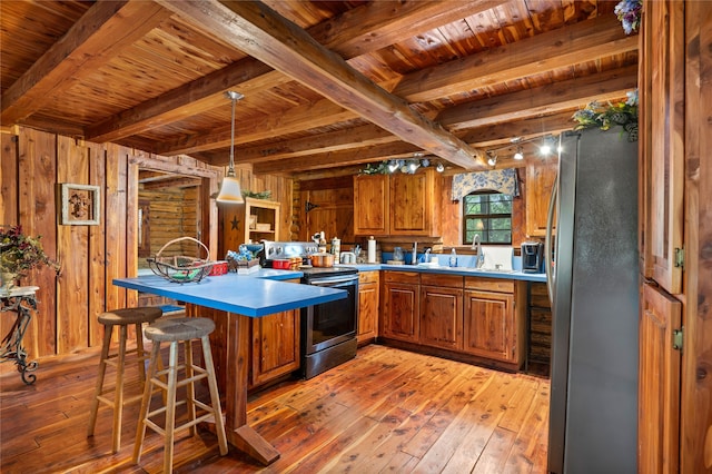 kitchen featuring stainless steel appliances, beam ceiling, wood walls, light hardwood / wood-style floors, and kitchen peninsula