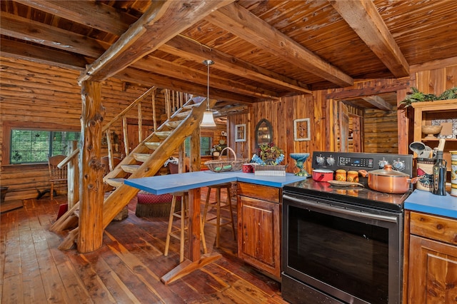 kitchen with dark wood-type flooring, wooden walls, stainless steel range with electric cooktop, wooden ceiling, and beam ceiling