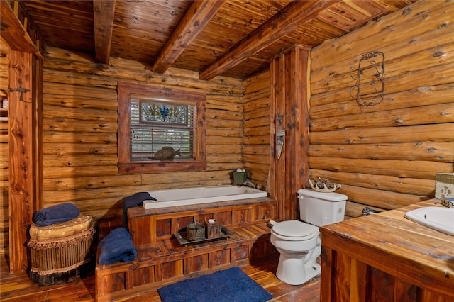 bathroom featuring toilet, wood ceiling, wood-type flooring, and beam ceiling