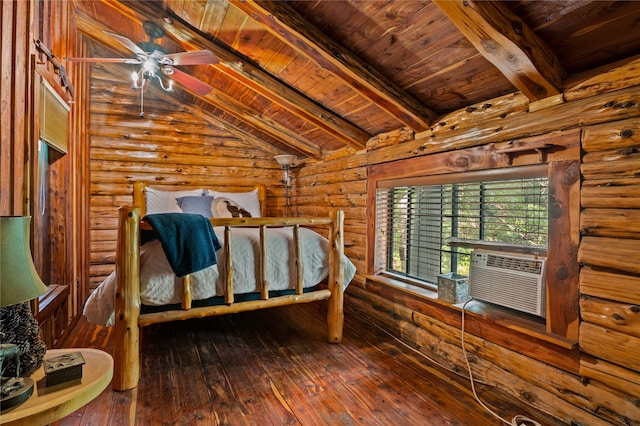 bedroom featuring wood-type flooring, wooden ceiling, vaulted ceiling with beams, and log walls