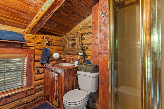 bathroom with rustic walls, wood ceiling, an enclosed shower, toilet, and lofted ceiling with beams