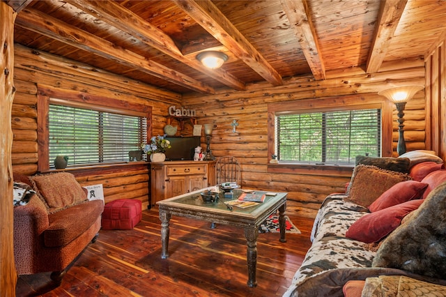 living room with a healthy amount of sunlight, dark hardwood / wood-style flooring, beamed ceiling, and wooden ceiling