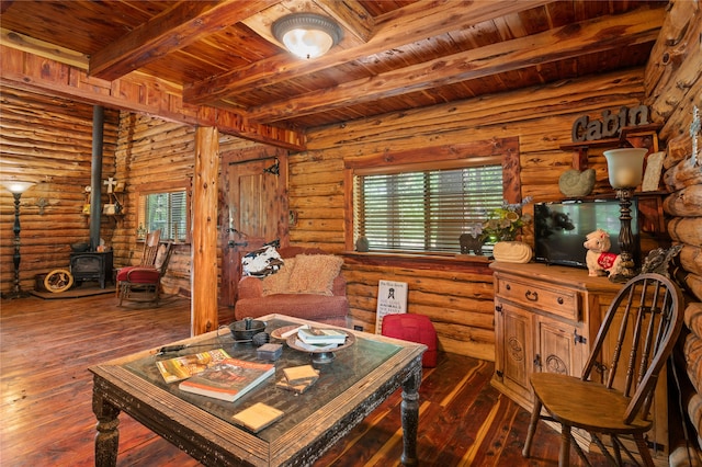 dining area with wooden ceiling, a wealth of natural light, dark wood-type flooring, and log walls