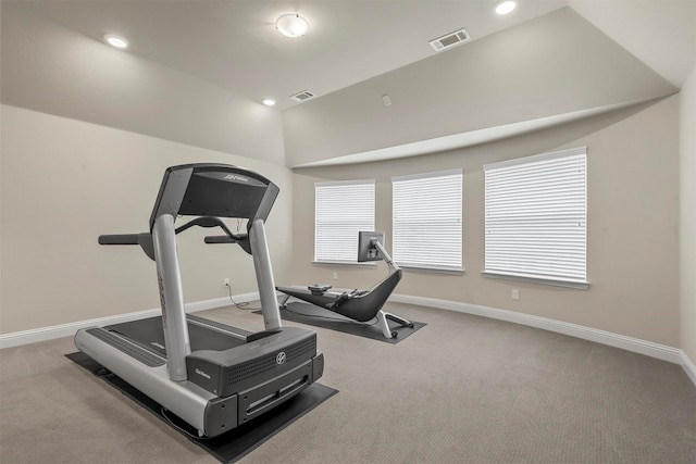 workout area featuring light colored carpet and lofted ceiling