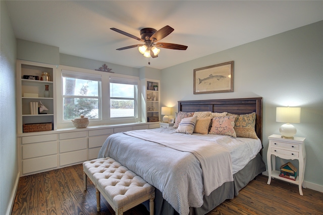 bedroom featuring dark hardwood / wood-style floors and ceiling fan