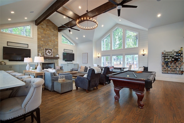 rec room featuring ceiling fan, high vaulted ceiling, dark hardwood / wood-style floors, a fireplace, and pool table