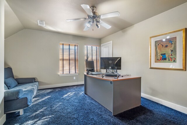 carpeted office space featuring ceiling fan and vaulted ceiling